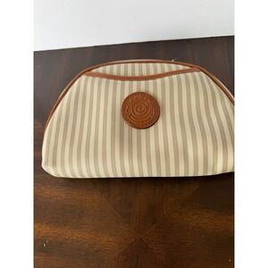 Vintage Tan White Striped Cosmetic Bag Toiletry Pouch Leather Logo Patch
